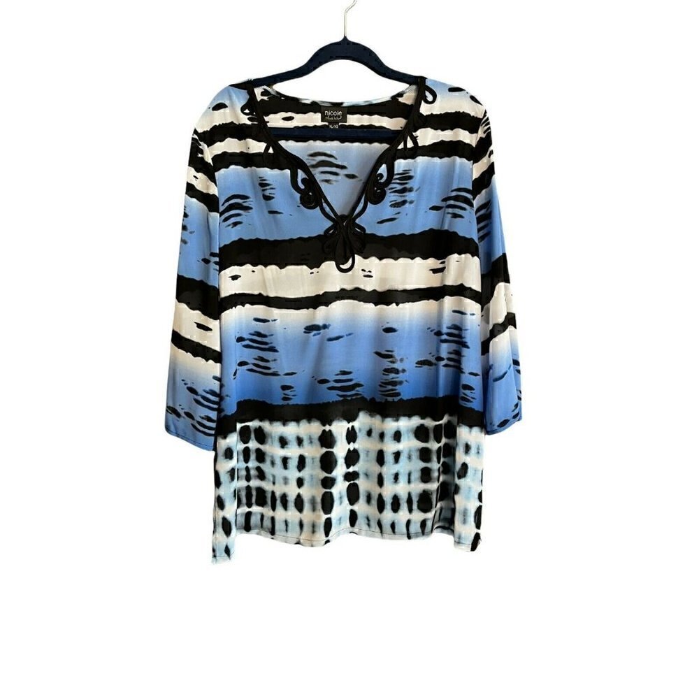 Women's Nicole Miller Blue, Black, White Blouse Top, Size XL 3/4 Sleeves *